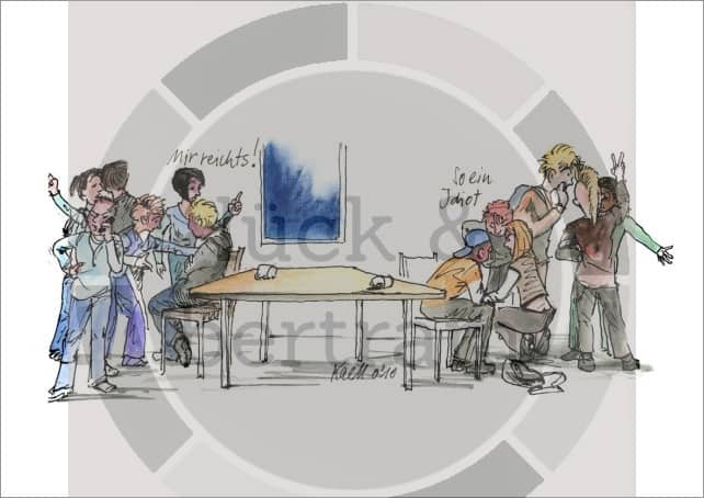 Mit Hilfe von 9 Cartoons des Illustrators KM Grebe kann die Konflikttheorie nach Friedrich Glasl anschaulich gemacht und nachvollzogen werden. Erfolgreiche Deeskalation braucht Wissen über Eskalation. Eskalationsstufen | Eskalationsstufe 4