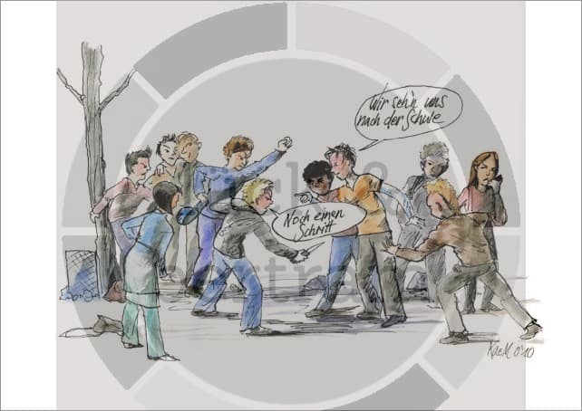 Mit Hilfe von 9 Cartoons des Illustrators KM Grebe kann die Konflikttheorie nach Friedrich Glasl anschaulich gemacht und nachvollzogen werden. Erfolgreiche Deeskalation braucht Wissen über Eskalation. Eskalationsstufen | Eskalationsstufe 6